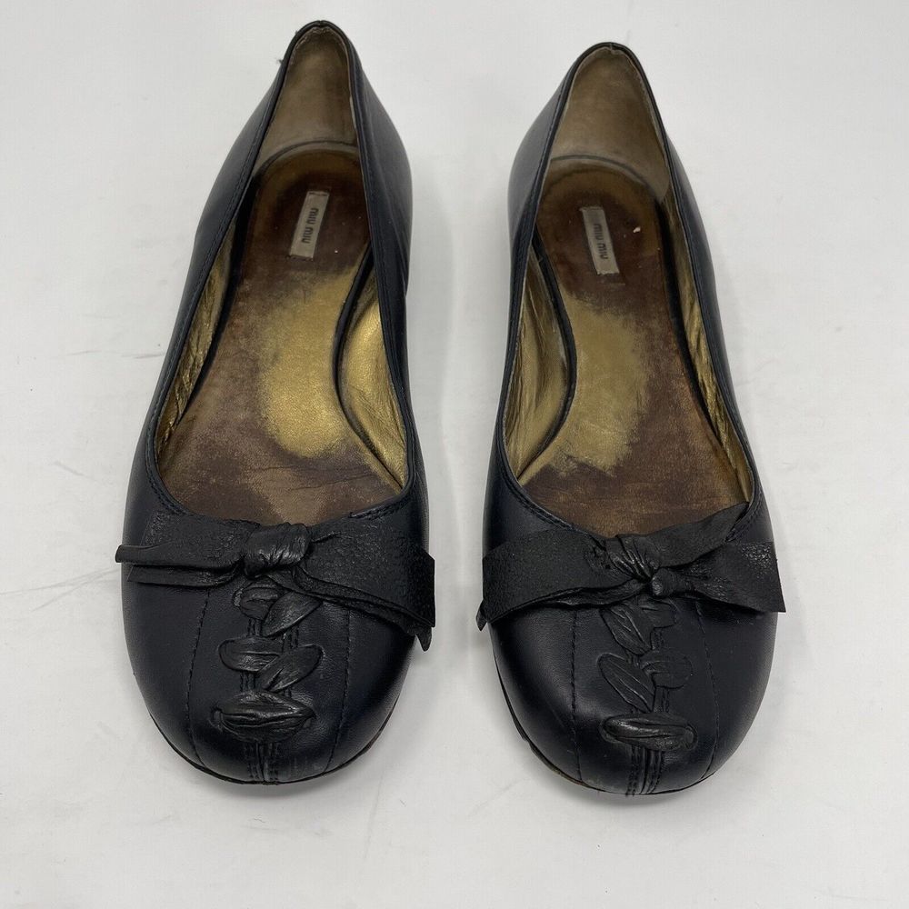 MIU MIU Shoes Womens 37 US 7 Black Low Heel Leather Bow Braid Detail